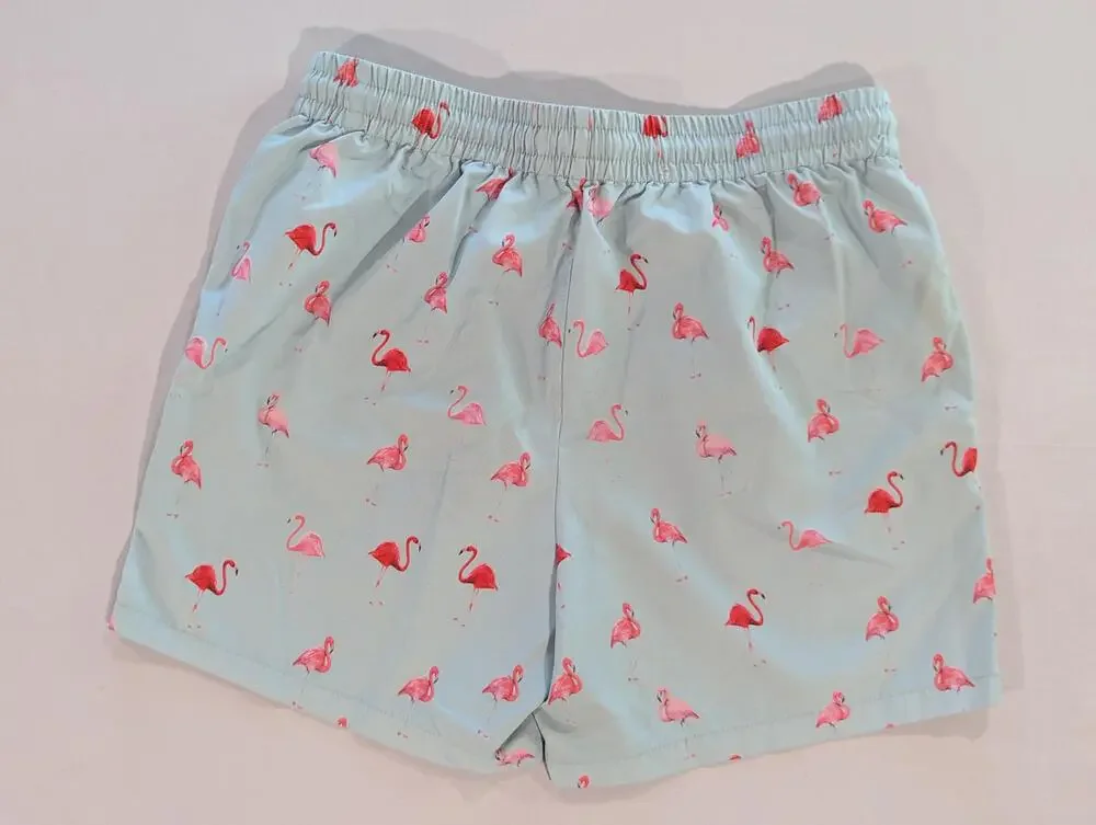 SHEIN Swim Shorts Mens L Green Flamingo Print Mesh Lined Drawstring Trunks